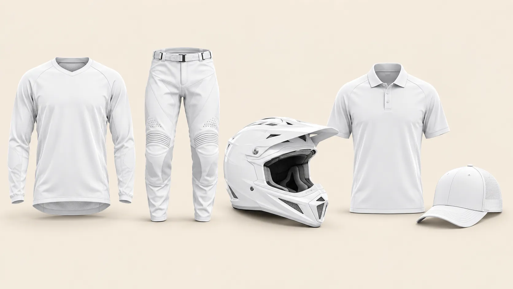 The plain white race jersey, pants, helmet, team polo and cap before partner graphics